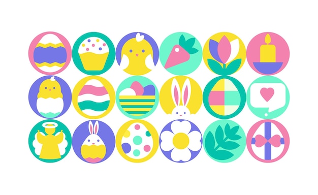 El icono de la feliz Pascua establecido en estilo geométrico de Bauhaus con símbolos festivos conejo huevos pintados, etc.