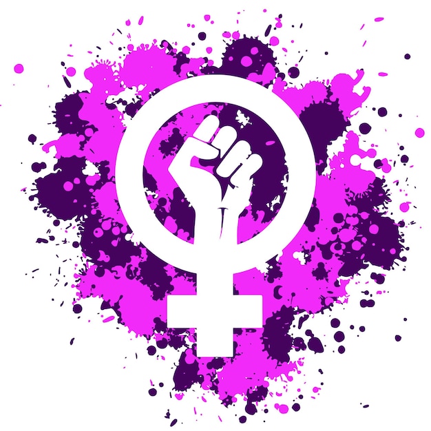 Vector icono feminista con el puño cerrado salpicaduras de tinta rosa y púrpura eps ilustración vectorial