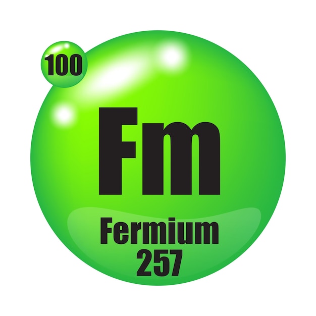 Icono de fermio Fm elemento químico Número atómico 100 Masa 257 Imagen de la esfera verde