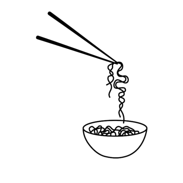 Icono de fideos y palillos japoneses tradicionales ilustración de garabato simple boceto de comida asiática aislado en blanco