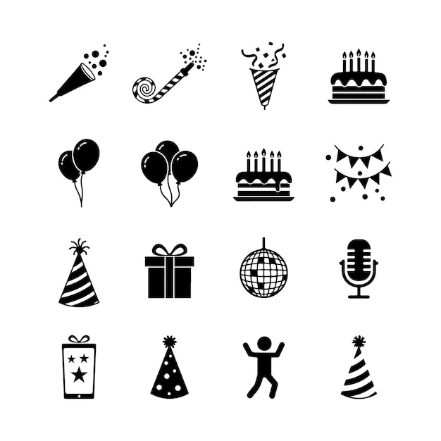 icono de fiesta de cumpleaños silueta vectorial conjunto con pasteles regalos sombreros y símbolos de caña de caramelo ilustraciones