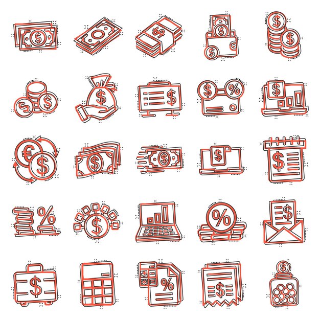 Icono de finanzas de dinero establecido en estilo cómico Ilustración de vector de dibujos animados de pago sobre fondo blanco aislado Concepto de negocio de efecto de salpicadura de presupuesto de moneda