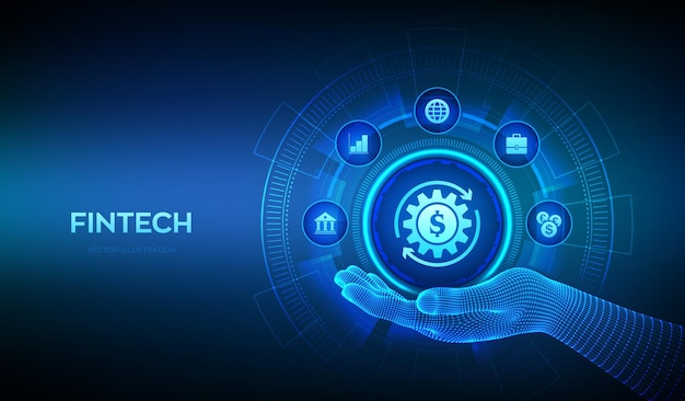 Icono de Fintech en la mano del wireframe Tecnología financiera Concepto de negocio de inversión de pago bancario