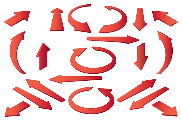 Icono de flecha 3d que indica una dirección diferente del color rojo un conjunto de iconos tridimensionales