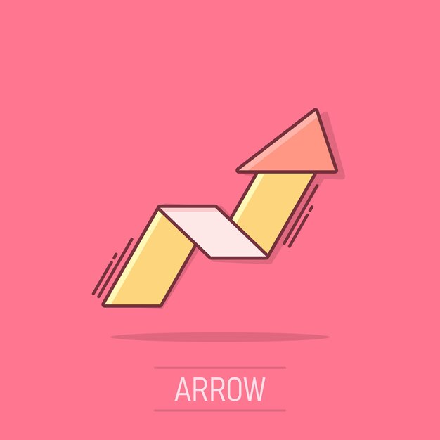 Icono de flecha hacia arriba de dibujos animados de vector en estilo cómico Pictograma de ilustración de signo de flecha hacia adelante Concepto de efecto de salpicadura de negocio de cursor