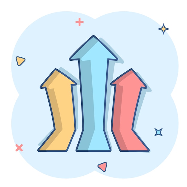 Icono de flecha hacia arriba de dibujos animados de vector en estilo cómico Pictograma de ilustración de signo de flecha hacia adelante Concepto de efecto de salpicadura de negocio de cursor