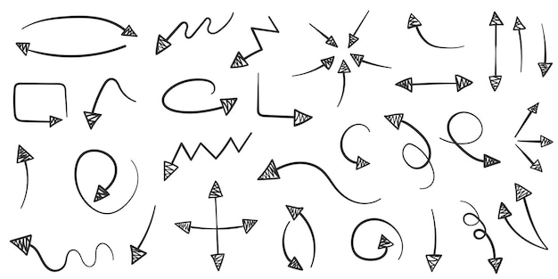 Icono de flecha en estilo dibujado a mano Ilustración vectorial de garabatos hechos a mano en un fondo aislado Concepto de negocio de señal de puntero del cursor
