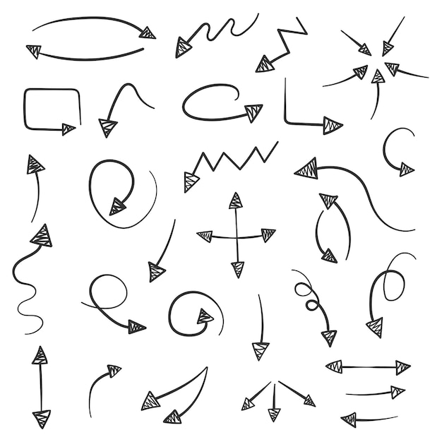 Icono de flecha en estilo dibujado a mano Ilustración vectorial de garabatos hechos a mano en un fondo aislado Concepto de negocio de señal de puntero del cursor