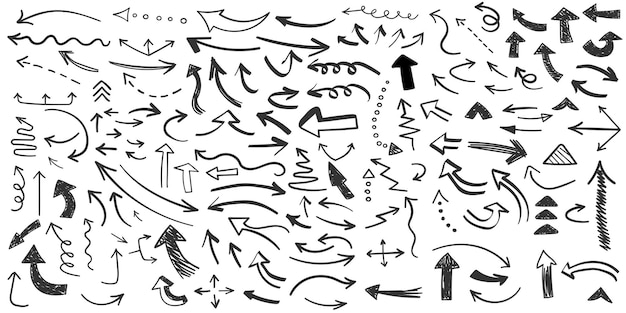 Icono de flecha en estilo dibujado a mano Ilustración vectorial de garabatos hechos a mano en un fondo aislado Concepto de negocio de señal de puntero del cursor