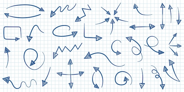 Icono de flecha en estilo dibujado a mano Ilustración vectorial de garabatos hechos a mano en un fondo aislado Concepto de negocio de señal de puntero del cursor