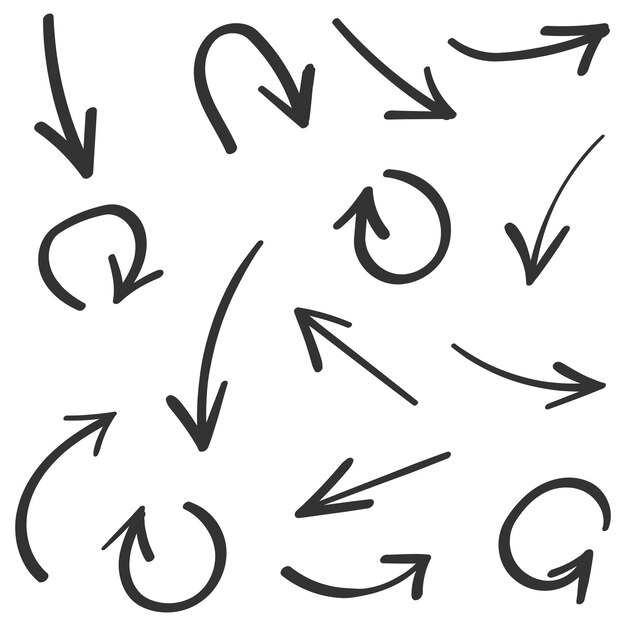 Icono de flecha en estilo dibujado a mano Ilustración vectorial de garabatos hechos a mano en un fondo aislado Concepto de negocio de señal de puntero del cursor