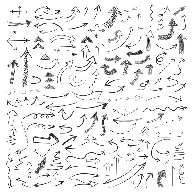 Icono de flecha en estilo dibujado a mano Ilustración vectorial de garabatos hechos a mano en un fondo aislado Concepto de negocio de señal de puntero del cursor