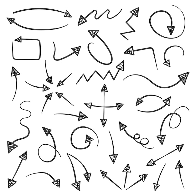 Icono de flecha en estilo dibujado a mano Ilustración vectorial de garabatos hechos a mano en un fondo aislado Concepto de negocio de señal de puntero del cursor