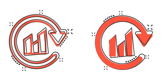 Icono de flecha de gráfico en estilo cómic Ilustración de vector de dibujos animados de análisis financiero sobre fondo blanco aislado Concepto de negocio de signo de efecto de salpicadura de pronóstico