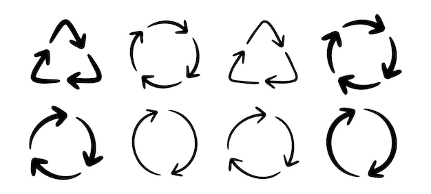 Icono de flecha de reciclaje o utilizando recursos de reciclage dibujar un símbolo dibujado a mano dibujo de esquema de dibujo de recycling de la línea de flecha símbolo de clip