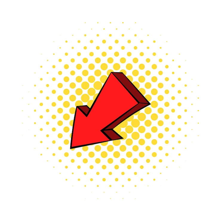 Vector icono de flecha roja hacia abajo hacia la izquierda en estilo cómic aislado sobre fondo blanco