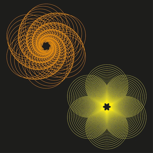 Icono de flor en espiral Forma de pétalo brillante Forma amarilla abstracta Diseño oscuro vectorial