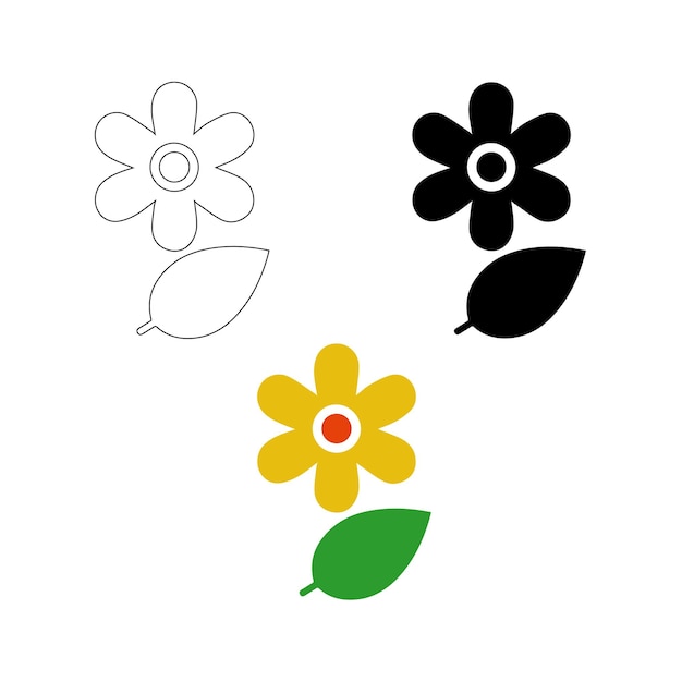 Icono de flor con silueta de contorno de hoja y vector de color