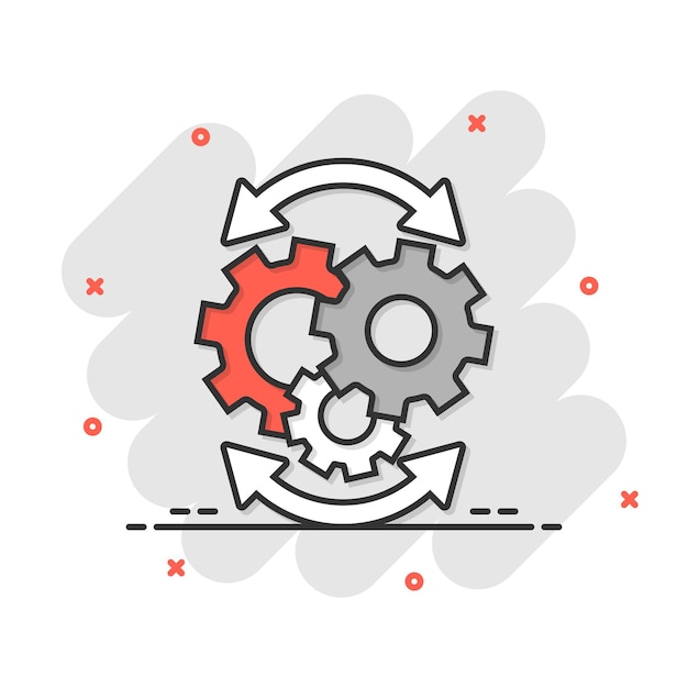 Icono de flujo de trabajo en estilo cómic Ilustración de vector de dibujos animados efectivo de engranaje sobre fondo blanco aislado Concepto de negocio de efecto de salpicadura de organización de proceso