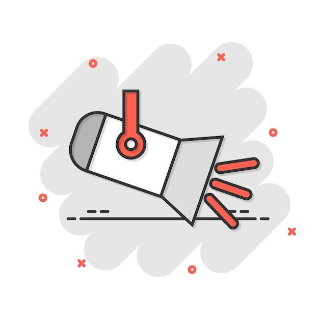 Icono de foco en estilo cómico Ilustración de dibujos animados vectoriales de lámpara en fondo blanco aislado Efecto de salpicaduras de concepto de negocio de linterna