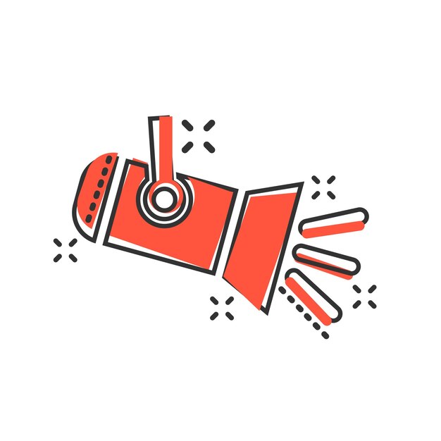 Icono de foco en estilo cómico Ilustración de dibujos animados vectoriales de lámpara en fondo blanco aislado Efecto de salpicaduras de concepto de negocio de linterna
