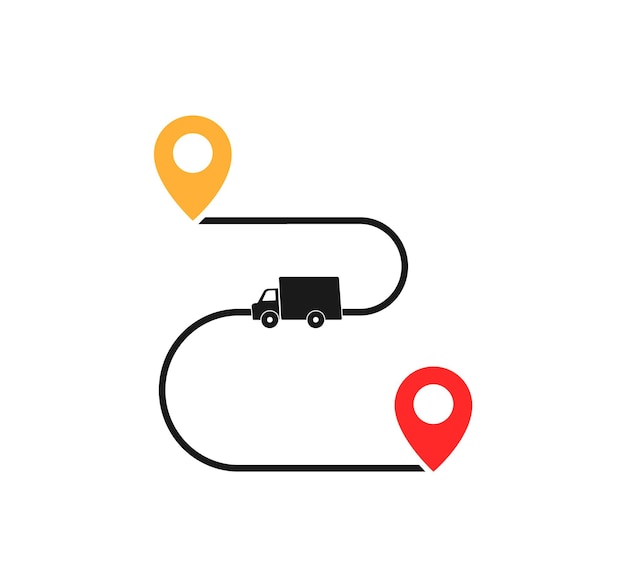 Icono de forma de entrega con camión y punteros. Ilustración vectorial.