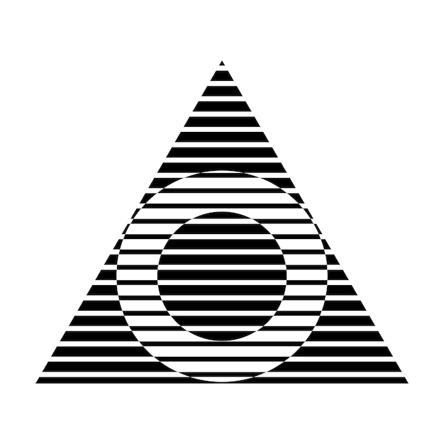 Icono en forma de triángulo a rayas negro abstracto con círculos sobre un fondo blanco