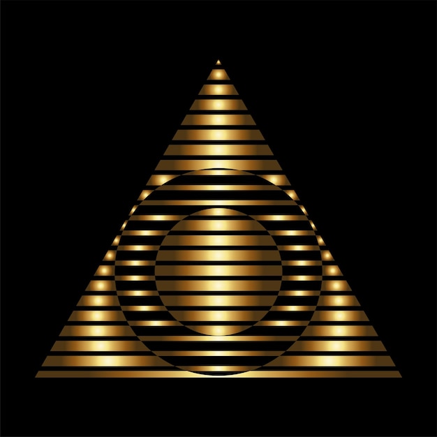 Icono en forma de triángulo a rayas de oro con círculos sobre un fondo negro