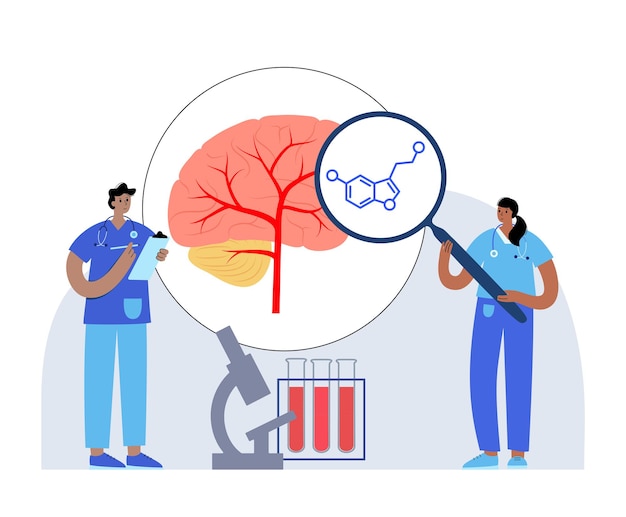 Icono de fórmula de serotonina. neurotransmisor monoamínico. ilustración de vector plano de cartel de estado de ánimo modulante