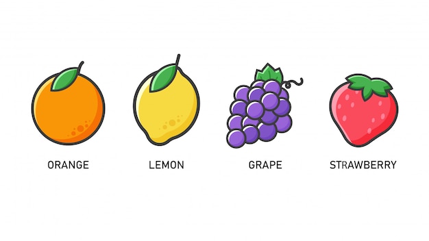 Icono de fruta naranjas, limones, uvas y fresas Estilo plano que parece simple.
