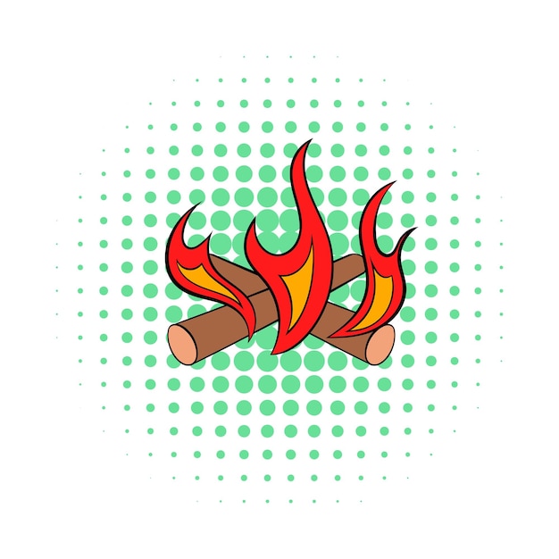 Icono de fuego de campamento en estilo cómic sobre fondo punteado Símbolo de calor y descanso