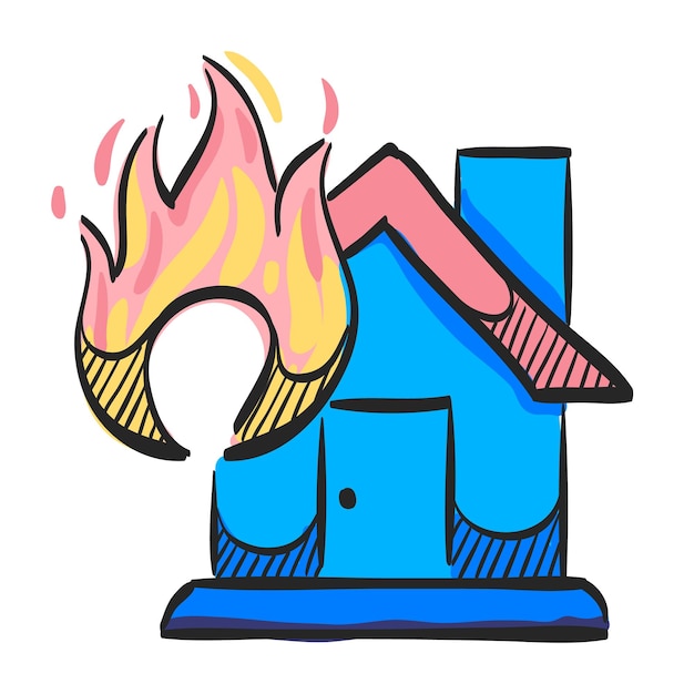 Vector icono de fuego de la casa en la ilustración de vector de color dibujado a mano