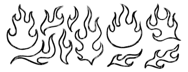 icono de fuego grunge bush stroke doodle conjunto dibujado a mano vector de dibujo de llama o fuego