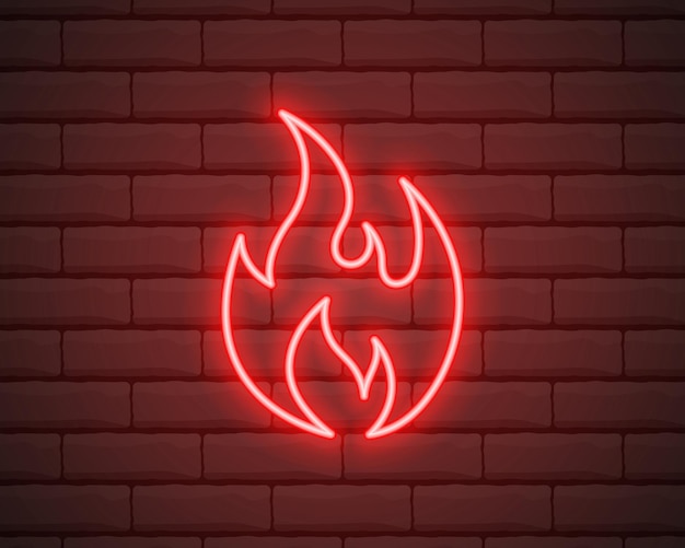 Icono de fuego de neón Elementos en los iconos de estilo de neón Icono de llama de neón simple para sitios web diseño web aplicación móvil aislada en pared de ladrillo