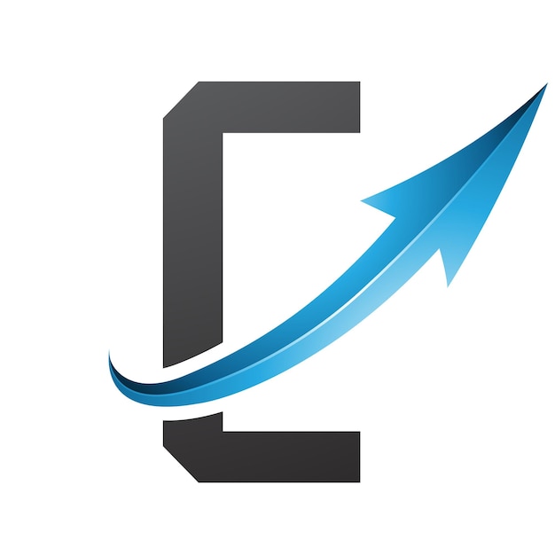 Icono futurista azul y negro de la letra C con una flecha brillante sobre un fondo blanco