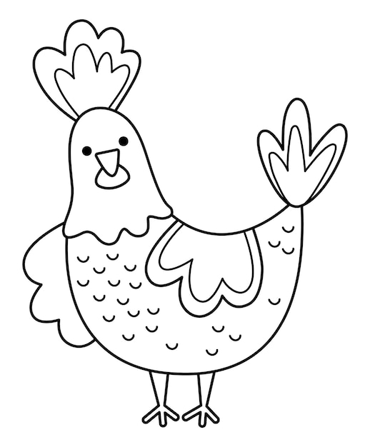 Icono de gallina en blanco y negro vectorial ilustración de pollo de dibujos animados lindo para niños pájaro de granja de contorno aislado sobre fondo blanco imagen de animal o página para colorear para niños