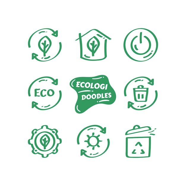 Icono de garabato dibujado a mano de la colección de medio ambiente ecológico Conjunto de ilustración de diseño de logotipo verde