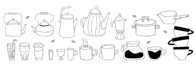 Icono de garabatos de cocina Conjunto de artículos de cocina platos tazas y teteras Utensilios de cocina lineales vectoriales