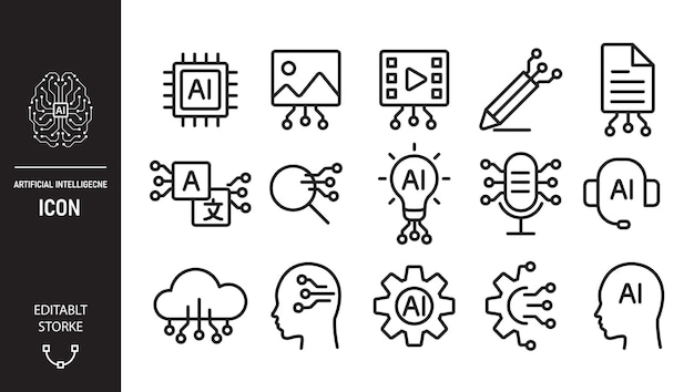 Icono generado por IA Icono de línea de inteligencia artificial Elemento de icono para el sitio web de la aplicación y la interfaz Colección de símbolos Ilustración vectorial