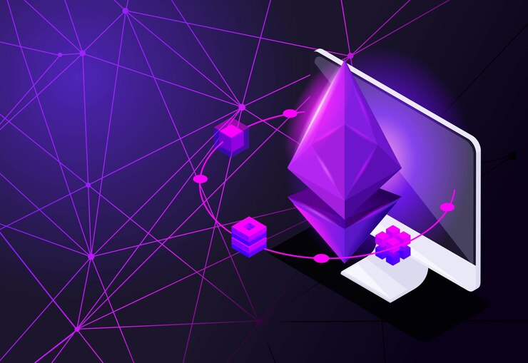 Vector icono geométrico holográfico isométrico de la red de criptomonedas blockchain