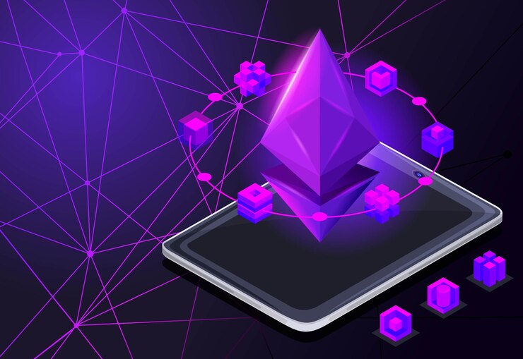 Vector icono geométrico holográfico isométrico de la red de criptomonedas blockchain