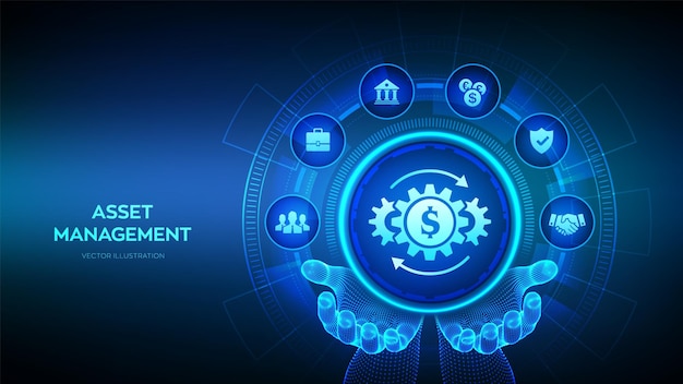 Icono de gestión de activos en manos de estructura alámbrica Concepto de tecnología de pago de banca de inversión empresarial en pantalla virutal Ilustración vectorial