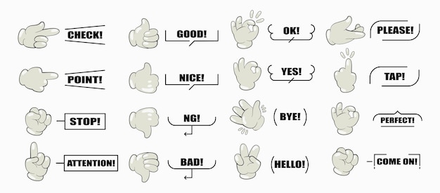 El icono del gesto de la mano y el conjunto de globos posan el marco de la ilustración Signo de OK posan el dedo Frases de emociones y reacciones mostradas por las manos