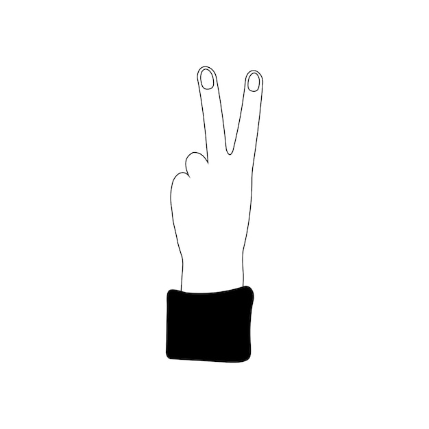 Icono de gesto de mano de paz aislado en fondo blanco Vector de línea dibujado a mano en blanco y negro