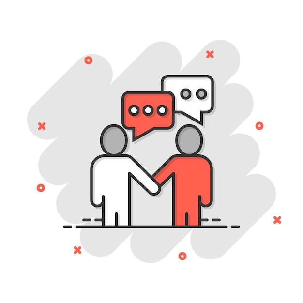 Icono de gesto de saludo en estilo cómic Ilustración de vector de dibujos animados de apretón de manos de personas sobre fondo blanco aislado Concepto de negocio de efecto de salpicadura de sacudida de mano