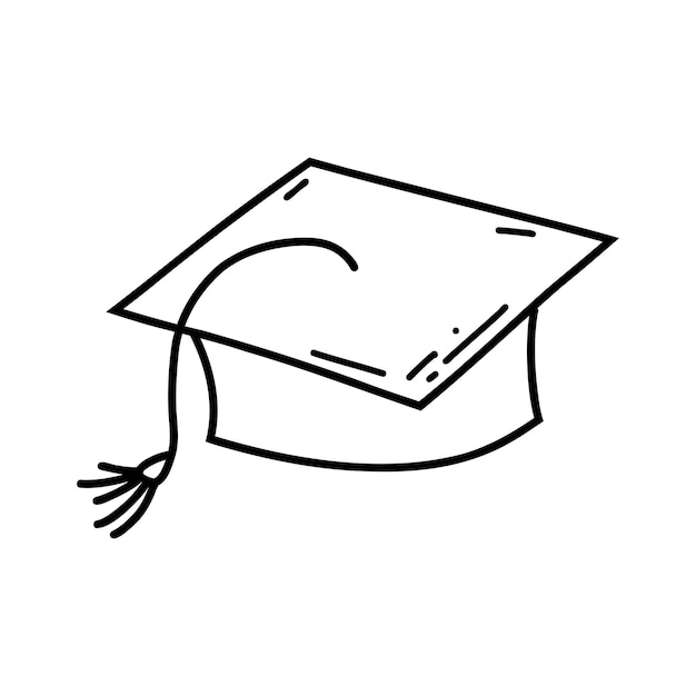 Icono de gorra académica cuadrada de garabato dibujado a mano Ilustración de dibujo vectorial de graduación de gorra oxford de contorno negro y tema escolar para imprimir página para colorear logo de diseño para niños