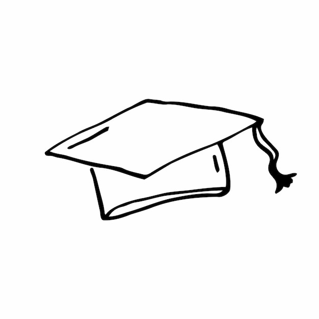 Icono de gorra de garabato vectorial de graduación. Delineado sobre fondo blanco.