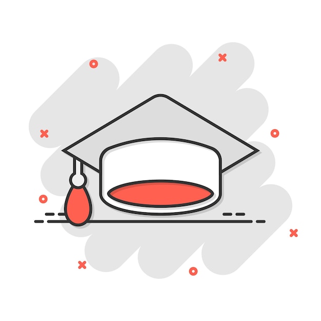 Icono de gorra de graduación en estilo cómic Ilustración de dibujos animados de vector de sombrero de educación sobre fondo blanco aislado Efecto de salpicadura de concepto de negocio de licenciatura universitaria