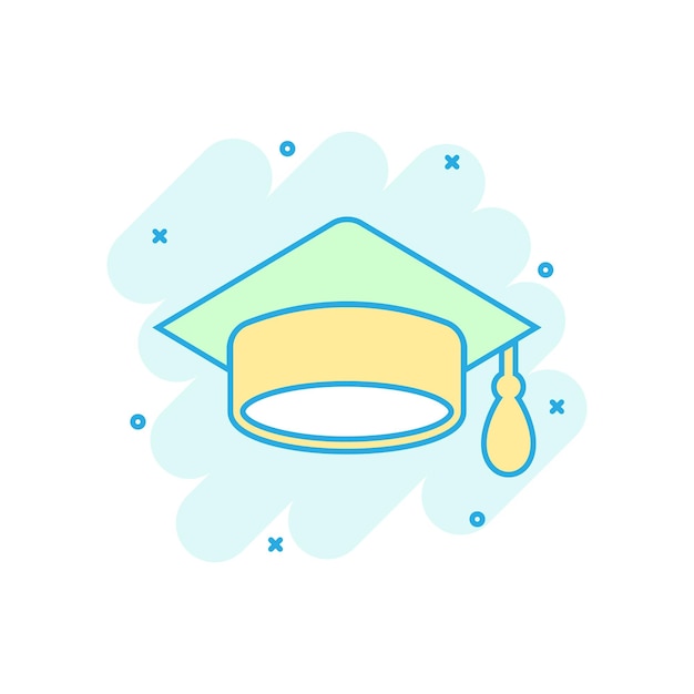 Vector icono de gorra de graduación en estilo cómico ilustración de dibujos animados vectoriales de sombrero de educación en fondo blanco aislado concepto de negocios de licenciatura de la universidad efecto de salpicadura