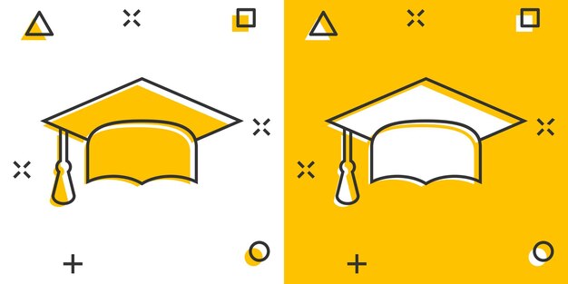 Icono de gorro de graduación de dibujos animados en estilo cómico terminar el pictograma de ilustración de signo de educación concepto de negocio de educación